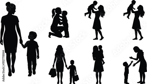 Mother and child silhouette vector set with parenting family poses walking hugging and playing for mothers day and lifestyle design.