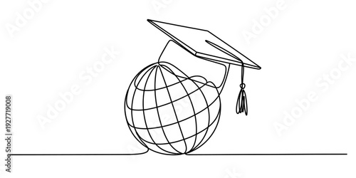 Continuous line drawing of a globe wearing a graduation cap representing global education