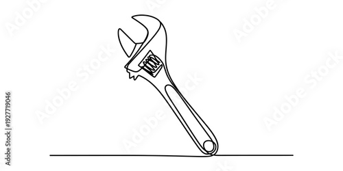 Continuous line drawing of an adjustable wrench or spanner tool on a white background