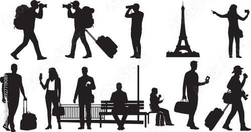 A collection of graphic vector silhouettes showcasing diverse travelers engaged in activities like photography, navigation, and sightseeing, against iconic backdrops like the Eiffel Tower.