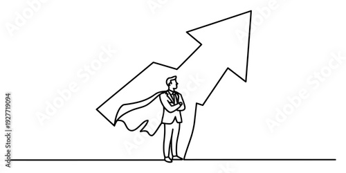 One line drawing of a confident businessman wearing a cape with a large upward arrow behind him.