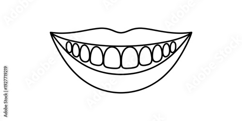A simple black and white line drawing of a smiling mouth with a full set of visible teeth.