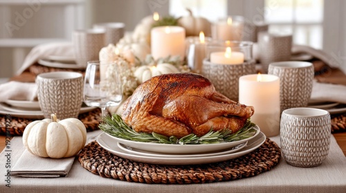 Beautifully Roasted Turkey Centerpiece on a Festive Thanksgiving Dinner Table Setting