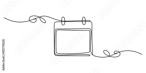 Continuous line drawing of a simple calendar icon with curly lines on the sides.