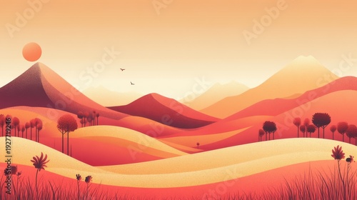 48.Whimsical nature vector landscape showing hills, shrubs, trees, distant peaks, tiny animals placed subtly, warm earthy hues and smooth curves creating inviting visuals