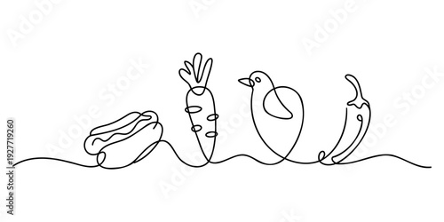 Continuous line drawing of a hot dog carrot bird and chili pepper in a minimalist style