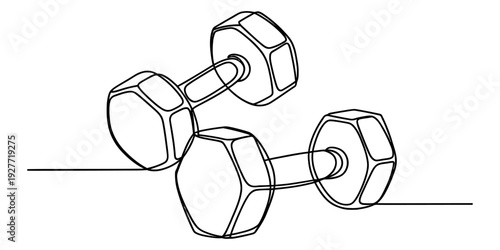 Continuous line drawing of two hexagonal dumbbells for fitness and weightlifting exercises.