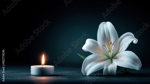 Single white lily and lit candle on dark background, symbol of remembrance and peace