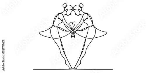 Continuous line drawing of two elegant ballerinas forming a heart shape with their bodies Vector, illustration