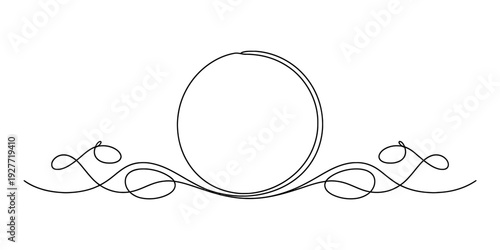 Elegant black and white line art featuring a central circle atop decorative scrollwork flourishes. Vector, illustration