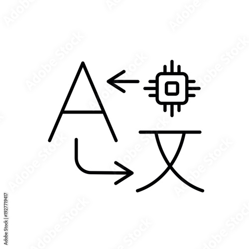 A vector icon representing AI-driven bidirectional language translation, with arrows and character symbols, created in line style with editable stroke