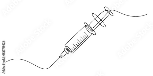 Minimalist continuous line art illustration of a hypodermic needle syringe for medical use. Vector, illustration