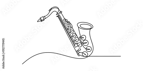 Minimalist continuous line drawing of a saxophone musical instrument on a white background. Vector, illustration