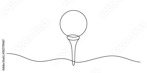 A simple black and white line drawing of a golf ball resting on a tee in the ground Vector, illustration