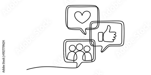 Continuous line drawing of social media speech bubbles with heart, thumbs up, and people icons Vector, illustration