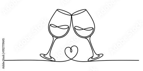 Continuous line drawing of two wine glasses clinking together with a small heart shape Vector, illustration