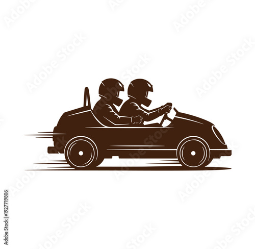 brown silhouette of two people riding in a gokart side view