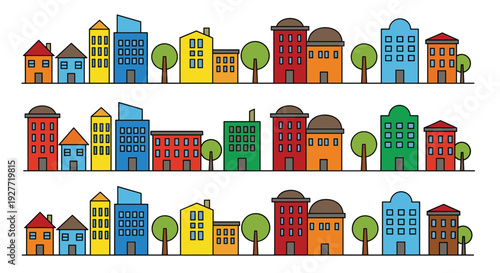 A colorful vector illustration of a suburban neighborhood with houses and trees