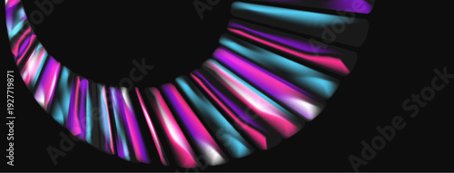 Abstract colorful lines form crescent shape. Vivid pinks, blues dominate dark background. Modern digital art piece.