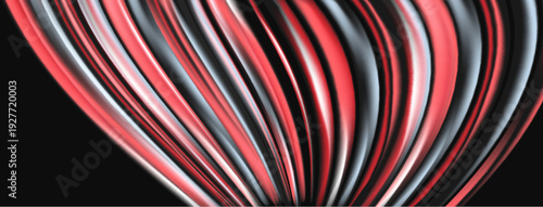 Abstract flowing lines, red, gray, black. Dynamic composition creates modern visual impact. Smooth curves suggest movement, energy.