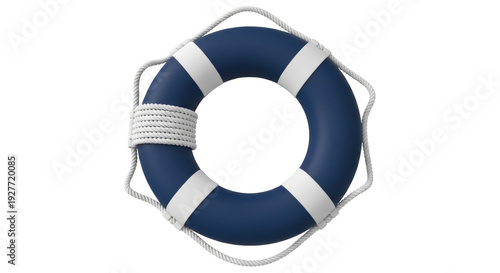 Photography Isolated blue lifebuoy with white stripes and rope, a realistic maritime safety