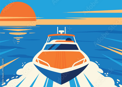 Speedboat Front View at High Speed ​​in the Middle of the Sea Illustration Creative Design Template 
