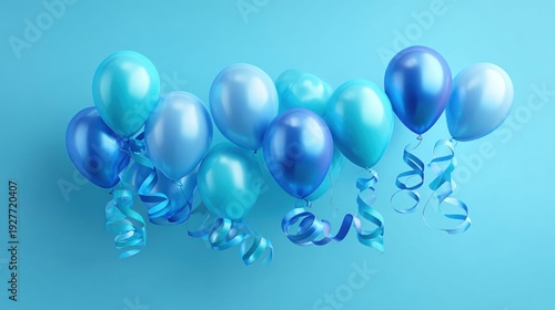 A festive arrangement of blue balloons with curling ribbons against a solid blue background