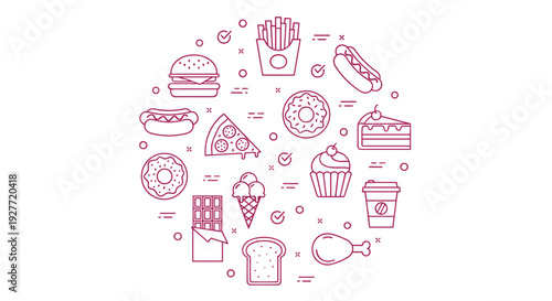 A minimalist vector graphic illustration of various food icons in a circular pattern