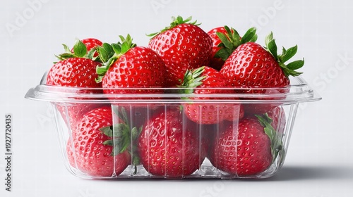 Fresh strawberries in a clear plastic container.