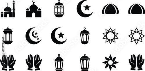 Islamic Ramadan and Eid Mubarak icon set featuring mosque domes, crescent moon, lanterns, prayer hands and geometric stars, black silhouette vector collection isolated background