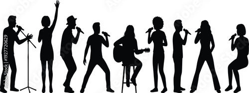 Music band singer silhouette vector set with male and female vocalists guitar performance and concert stage poses for entertainment design.