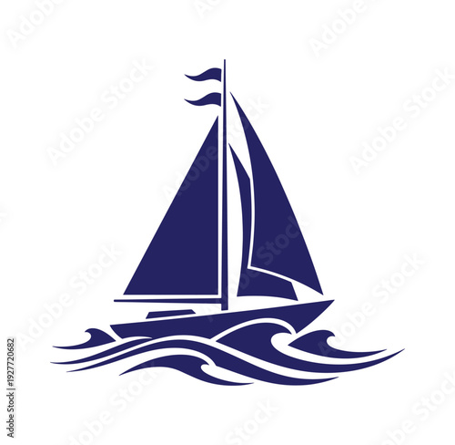 Sailboat on water with waves and sails up in a graphic illustration