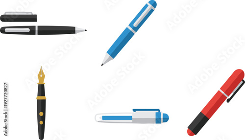 Pen set with fountain pen ballpoint and marker different writing tools collection for office school stationery and signature design projects.