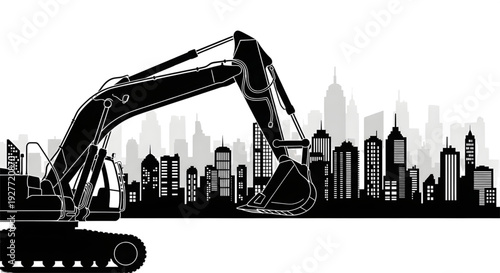 Vector silhouette of an excavator in front of a modern city skyline, symbolizing urban development, metropolitan construction, and city renewal.