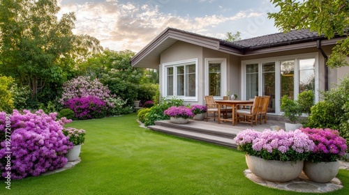 Beautiful suburban home with a lush garden and outdoor dining area on a sunny day