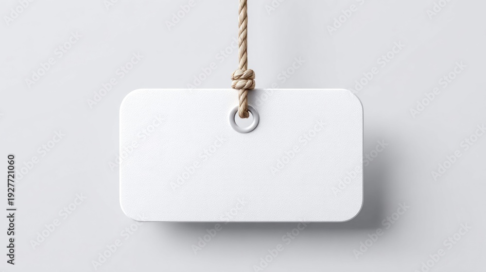 Fototapeta premium Blank white tag hanging by a rope with a knot and metal grommet on a light background