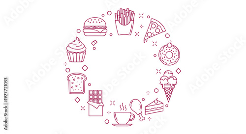 A minimalist vector graphic illustration of various sweet food icons in a circular pattern