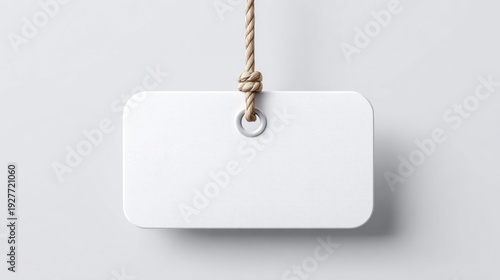 Blank white tag hanging by a rope with a knot and metal grommet on a light background