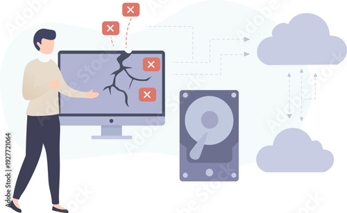 Professional man managing data recovery and cloud backup from a broken computer. Vector illustration of system restore, cloud storage, and hardware repair concept in a modern flat design