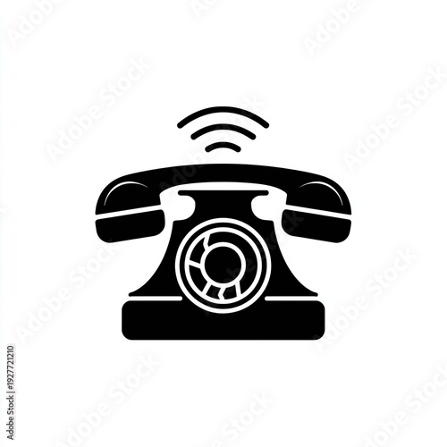 Silhouette of a vintage telephone with radiating sound waves above it on a white background