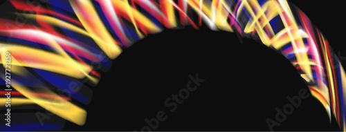 Abstract colorful light streaks form partial arch over black background. Dynamic composition, vibrant hues create modern visual effect.