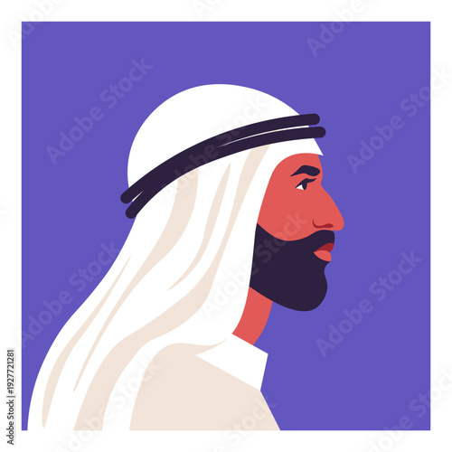Modern vector portrait of a Middle Eastern Arab man in profile view, wearing traditional clothing including a keffiyeh and agal. Minimalist illustration with a dark beard and a purple background 