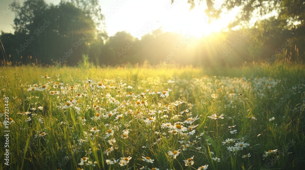 Obraz premium 113.Lush summer field bursting with wildflowers, dense green grasses, sunlight streaming across landscape, warm breezy atmosphere capturing serene countryside beauty