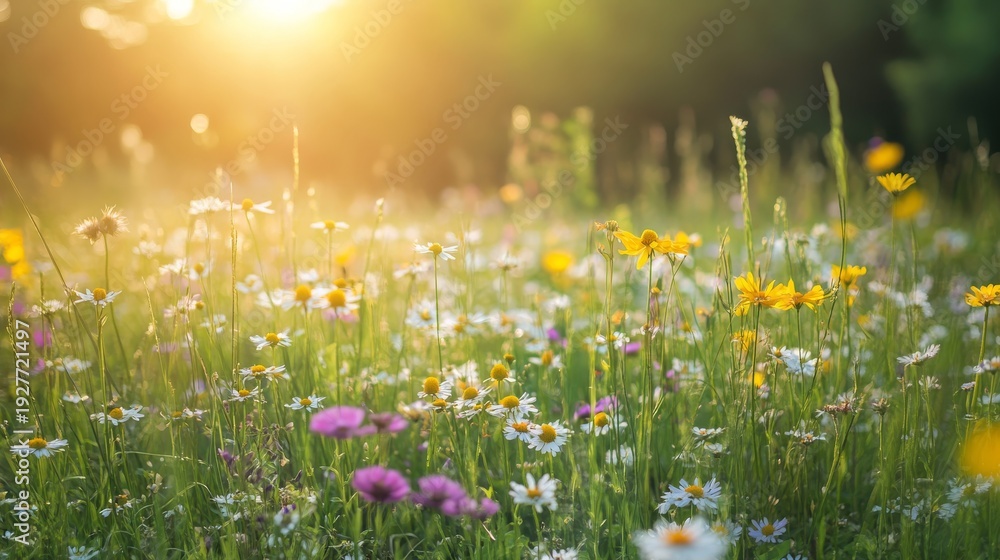 Fototapeta premium 111.Concept = Summer natural meadow full of wildflowers and grasses in the summer sun on a beautiful sunny day