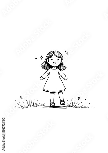 Line Art Illustration of a Smiling Girl Standing in Grass with Sparkles — Innocence, Joy & the Radiant Light of Childhood Wonder