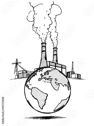 Industrial plant sketch with smokestacks belching pollution over a distressed globe, symbolizing industrial emissions, climate change and environmental crisis impact on earth