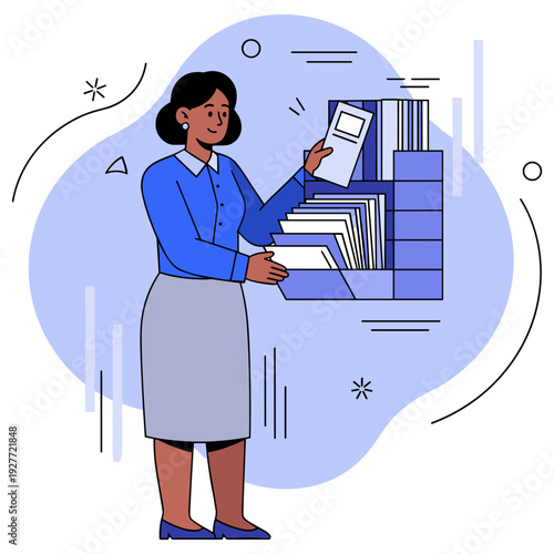 Female office worker organizing files in blue folder shelf