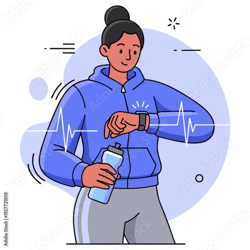 Female athlete checking fitness tracker with water bottle