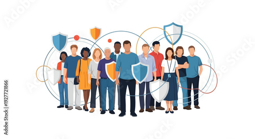 Illustration of diverse people standing together with shields and icons on World Consumer Rights Day, symbolizing consumer protection and safe transactions in a colorful design.