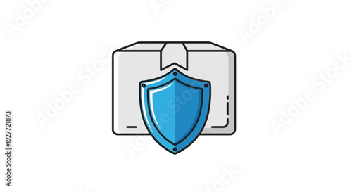 A blue shield icon on a grey package with a clean design, representing consumer rights and safe transactions on World Consumer Rights Day with a focus on online shopping and business.